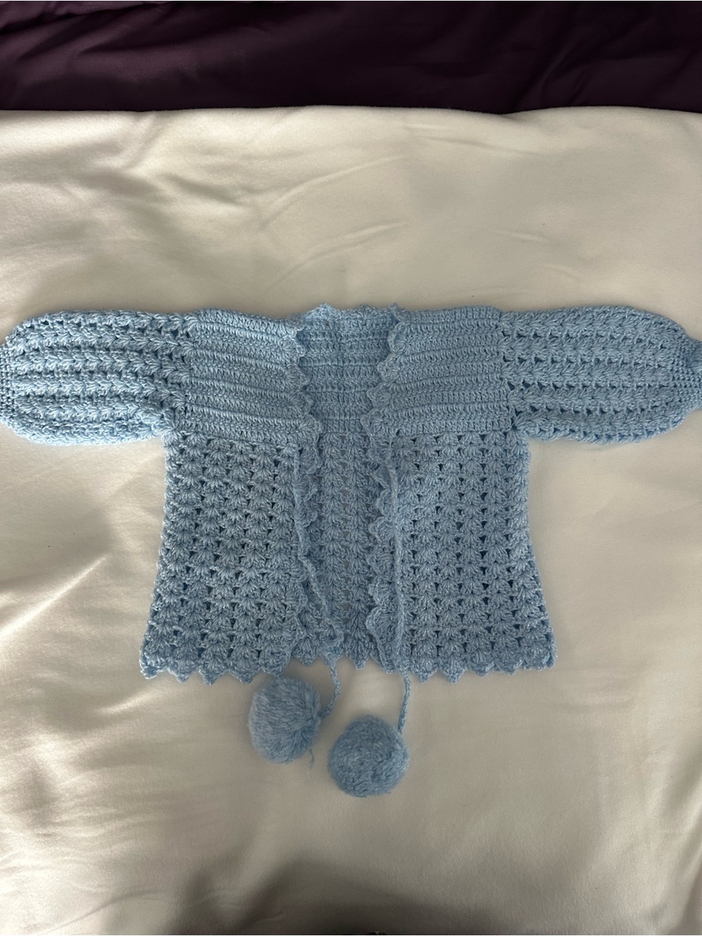 Vintage Handmade Light Blue Crochet Baby Cardigan with Pom Poms